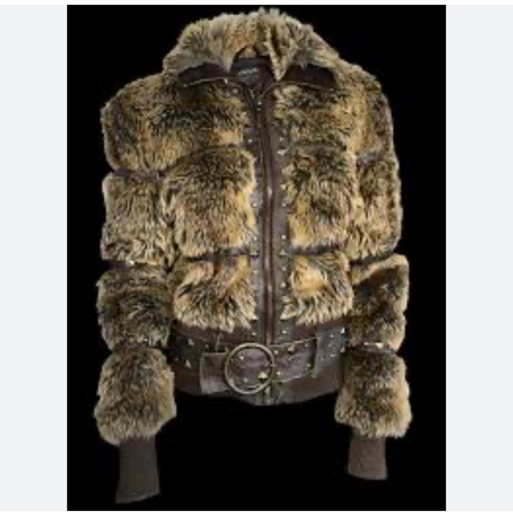 Y2K River Island Faux Fur Jacket with Belt studded size EU 6 grunge whimsigoth